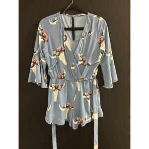 Women’s Blue Western Romper Size Medium Cow & Flower Print  Country Cowgirl